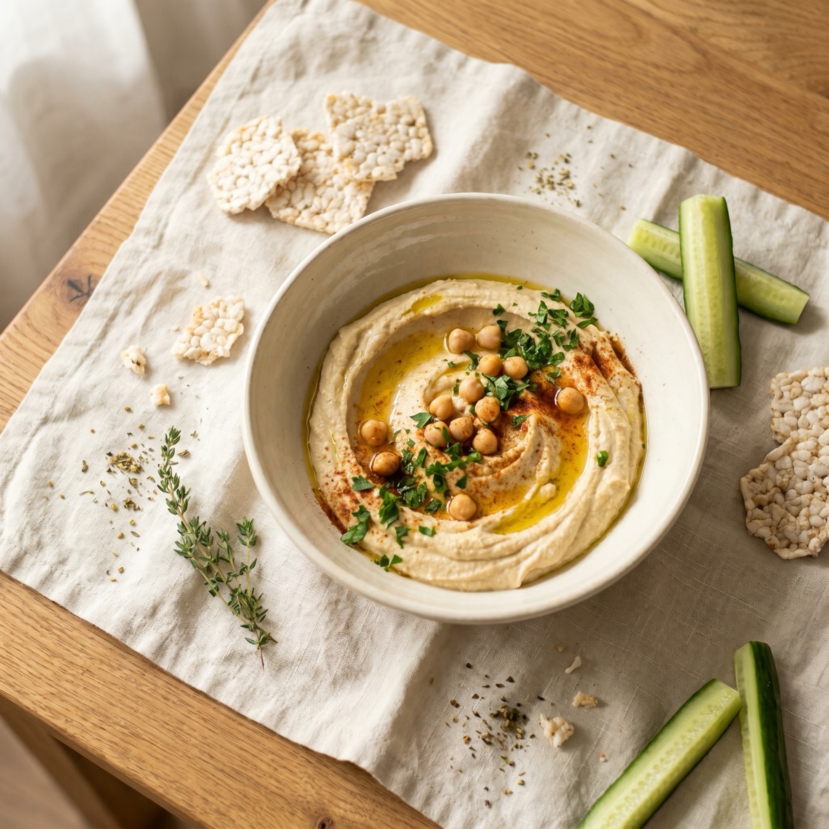 Hummus mit Reiscracker — glutenfreies Rezept
