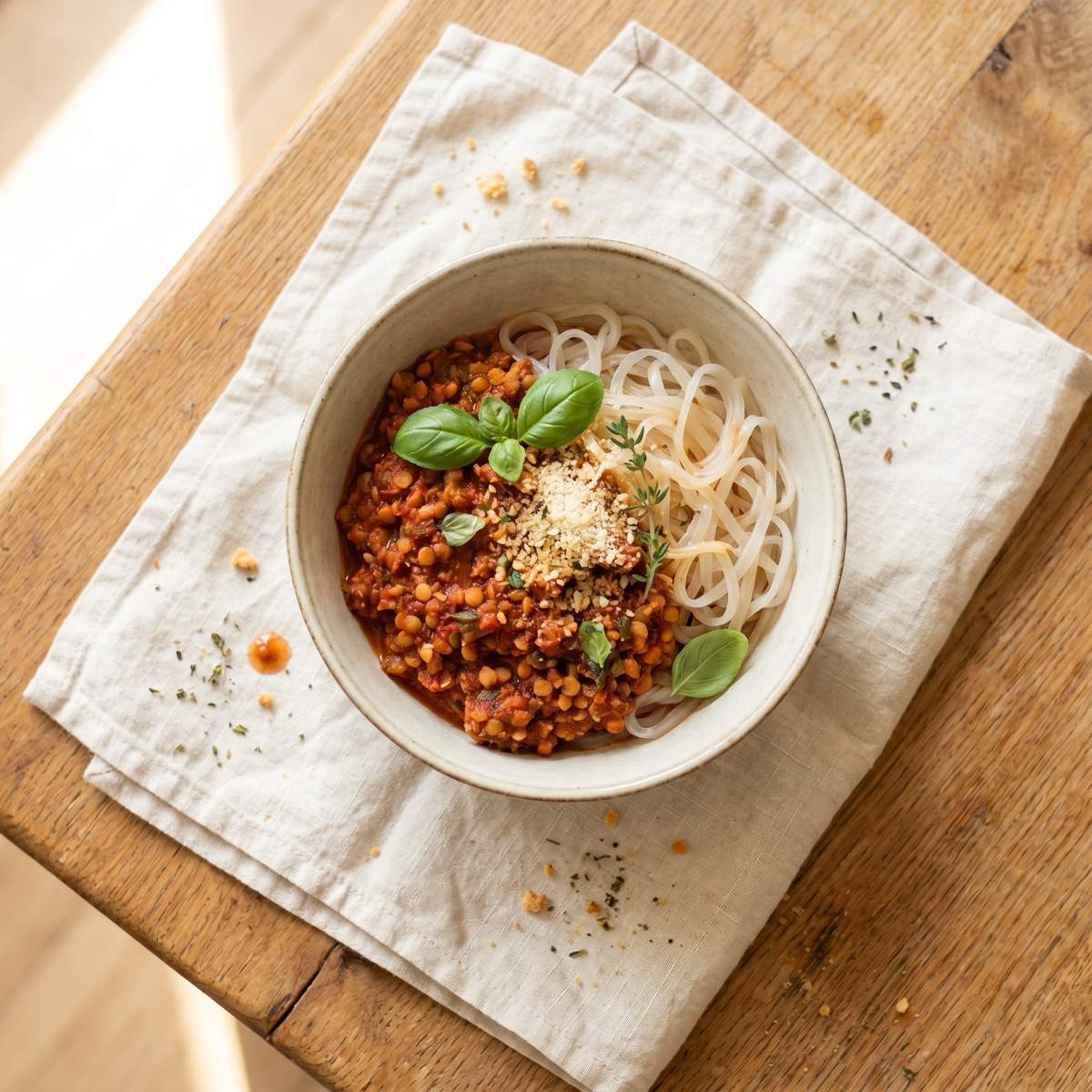 Linsen-Bolognese auf Reisnudeln — glutenfreies Rezept