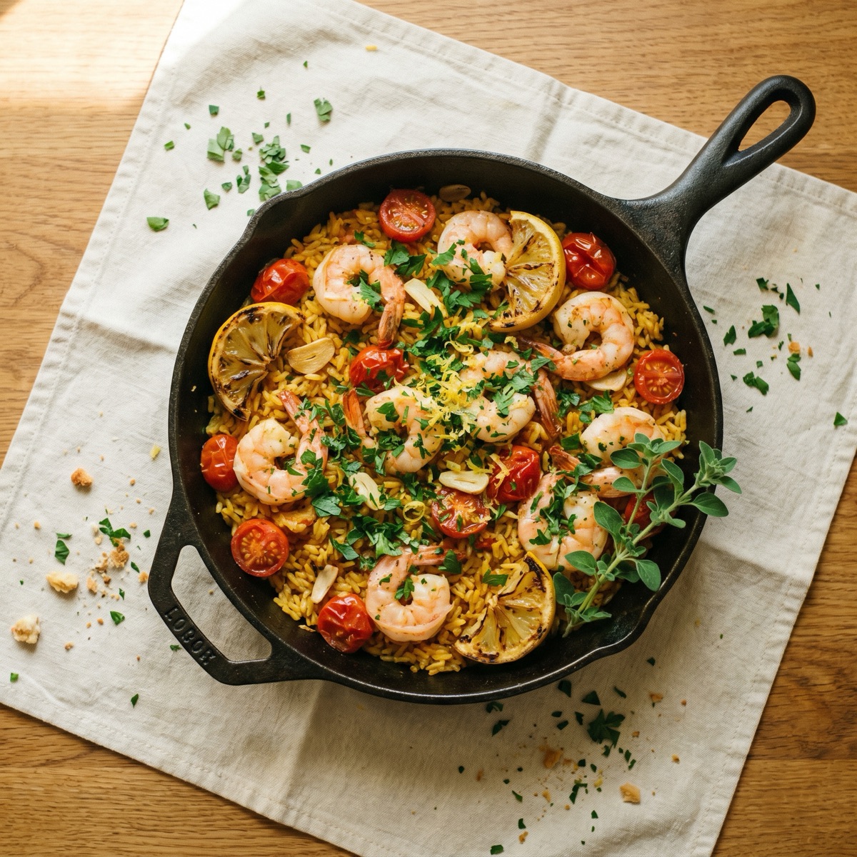 Garnelen-Reispfanne mit Zitrone — glutenfreies Rezept