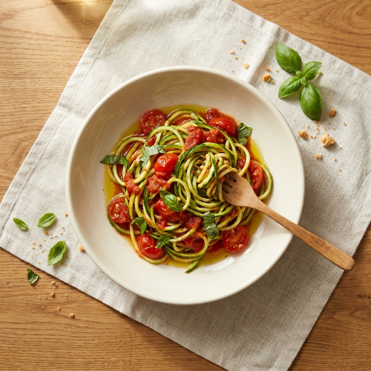 Zucchini-Nudeln mit Tomate und Basilikum — glutenfreies Rezept